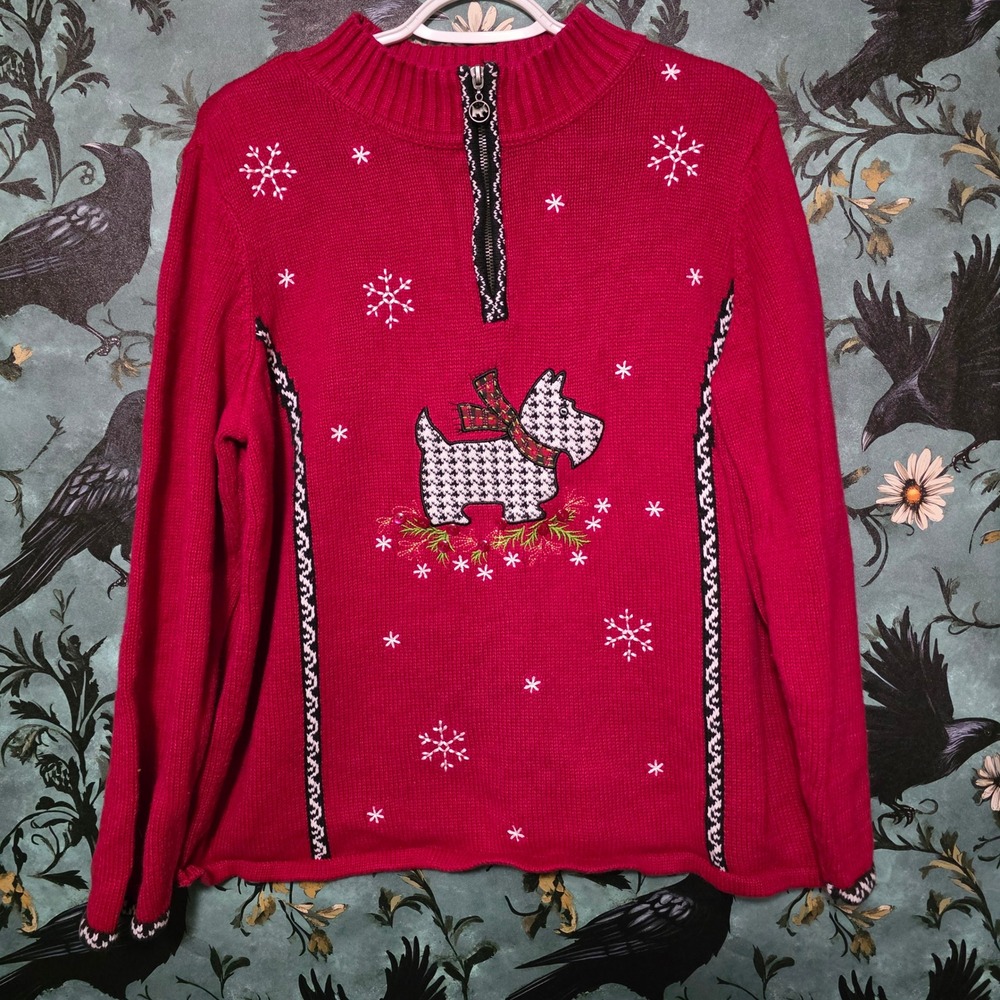 Christopher & Banks Sweater Scottie Dog Christmas Red Quarter Zip Snowflake XL